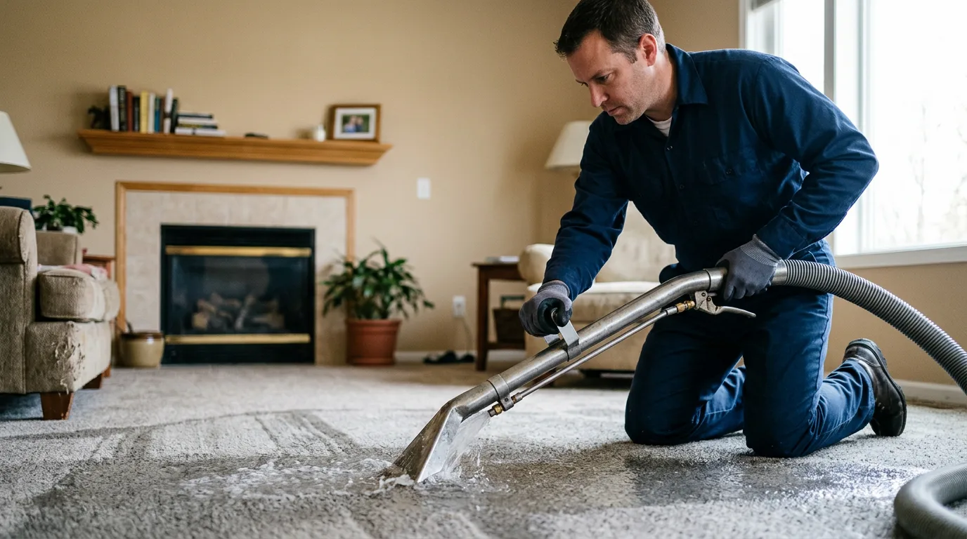 Water damage restoration technician working in a home in Illinois